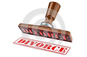 Divorce stamp. Wooden stamper, seal with text divorce, 3D rendering photo