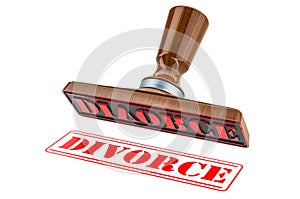 Divorce stamp. Wooden stamper, seal with text divorce, 3D rendering