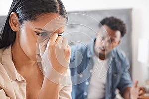 Divorce, stress and couple fight on a bed, noise and conflict with toxic man and woman. Interracial relationship issue