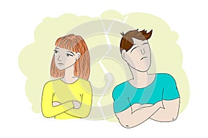 Divorce. Vector illustration of a married couple who is getting divorced. Quarrel of husband and wife. Family breakup