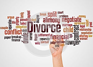 Divorce word cloud and hand with marker concept