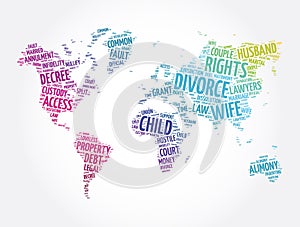 Divorce word cloud in shape of world map, concept background