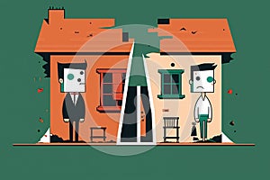 Divorced couple ruining house cartoon minimalism, created with Generative AI technology