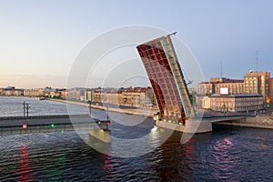 The divorced Liteyny Bridge in the early June morning. White nights in St. Petersburg. Russia