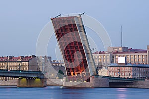 Divorced span of the Liteyny Bridge. White nights in St. Petersburg. Russia