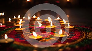 Diwali celebration - Diya oil lamps lit on colorful rangoli, generative ai