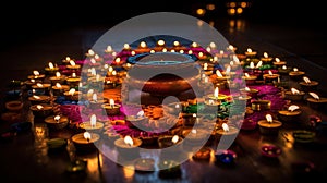 Diwali celebration - Diya oil lamps lit on colorful rangoli, generative ai