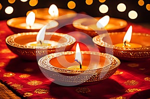 Diwali Celebration Featuring Clay Diya Lamps Aglow with Gentle Flames: Arranged in a Semi-circle on a Festive Display