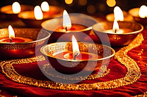 Diwali Celebration Featuring Clay Diya Lamps Aglow with Gentle Flames: Arranged in a Semi-circle on a Festive Display