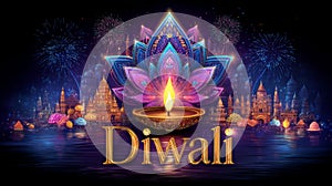 Diwali Celebration with Glowing Diyas and Fireworks