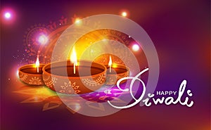 Diwali, celebration, oil lamp decoration with floral mandala Hindu creative style, light shiny festival blur background vector il