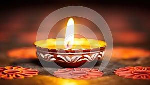 Diwali - Clay Diya lamps lit during Dipavali, Hindu festival of lights celebration
