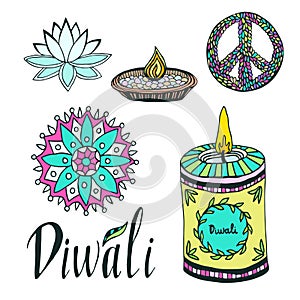 Diwali colorful signs collection. Lotus, rangoli, diya and peace hand drawn symbol