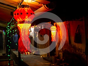 Diwali decorative lamps/Akash Kandil/Lantern lights hanging outside traditional indian home/chawl