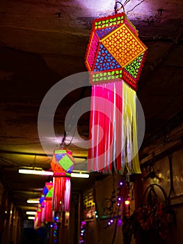 Diwali decorative lamps/Akash Kandil/Lantern lights hanging outside traditional indian home/chawl