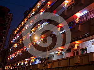 Diwali decorative lamps/Akash Kandil/Lantern lights hanging outside traditional indian home/chawl