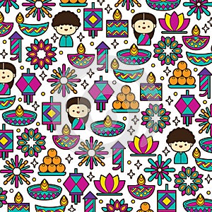 Diwali or Deepavali Hindu festival seamless pattern design with colourful flat modern elements.