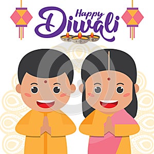 Diwali/Deepavali vector illustration with cute cartoon indian boy & girl on wishing pose
