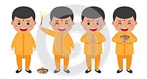 Diwali/Deepavali vector illustration with set of cute cartoon indian boy / male with different pose