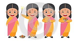 Diwali/Deepavali vector illustration with set of cute cartoon indian girl / female with different pose