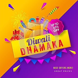 Diwali Dhamaka poster or template design with 65% discount offer and firecracker.