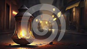 Diwali and Dipawali - Hindu festival of lights. A candle, a lantern on the road. Ai generative photo