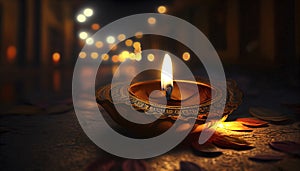 Diwali and Dipawali - Hindu festival of lights. A candle, a lantern on the road. Ai generative photo