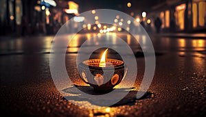 Diwali and Dipawali - Hindu festival of lights. A candle, a lantern on the road. Ai generative photo