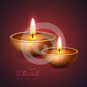 Diwali diya - oil lamp. Holiday design for traditional Indian festival of lights. 3D realistic style on rangoli purple background,