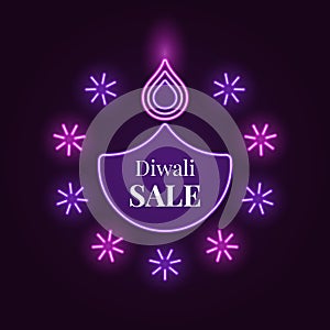 Diwali Diya, Sale banner in bright Neon style