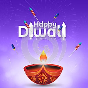 Diwali festival greeting card design with diya oil lamp on blue background with bokeh effect