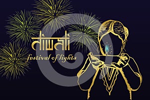 Diwali festival greeting design with hand drawn indian child girl holding burning diya and fireworks. Vector illustration celebrat