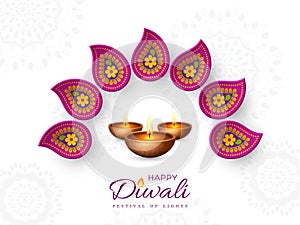 Diwali festival holiday design with paper cut style of Indian Rangoli and diya - oil lamp. Purple color on white