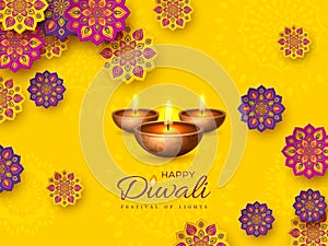 Diwali festival holiday design with paper cut style of Indian Rangoli and diya - oil lamp. Purple color on yellow