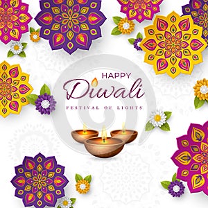 Diwali festival holiday design with paper cut style of Indian Rangoli, flowers and diya - oil lamp. White color