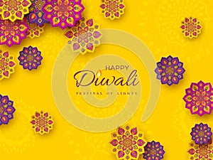 Diwali festival holiday design with paper cut style of Indian Rangoli. Purple, violet color on yellow background, vector