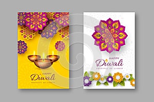 Diwali festival holiday posters with paper cut style of Indian Rangoli, flowers and diya - oil lamp. Yellow and white