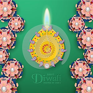 Diwali is festival of lights of Hindu for invitation background, web banner, advertisement. 3D Vector illustration design in paper