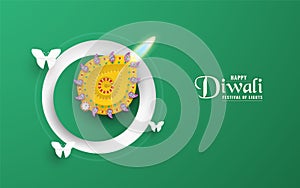 Diwali is festival of lights of Hindu for invitation background, web banner, advertisement. 3D Vector illustration design in paper