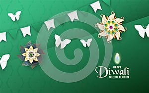 Diwali is festival of lights of Hindu for invitation background, web banner, advertisement. 3D Vector illustration design in paper