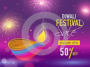 Diwali Festival Sale banner or poster design with 50% discount offer and oil lamp.