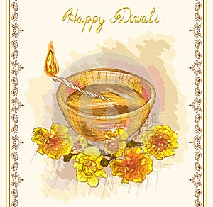 Diwali festive candle and yellow flowers