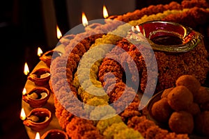 Diwali glowing Diya , flowers, Sweets and Gifts arranged in circular shape forming a design with copy space, selective focus ,