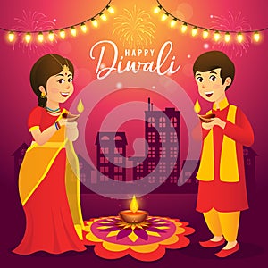 Diwali greeting card with cartoon indian kids