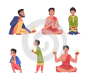 Diwali Hindu Holiday Celebration with Indian Man Character in Traditional Clothes Holding Light Vector Set