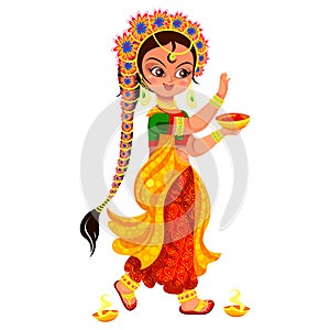 Diwali holiday and girl with bowl of paint