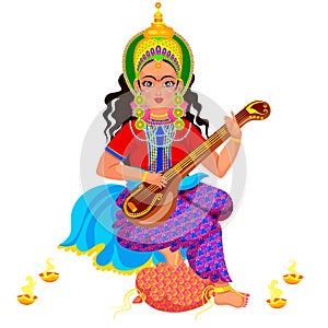 Diwali holiday goddess Saraswati with veena