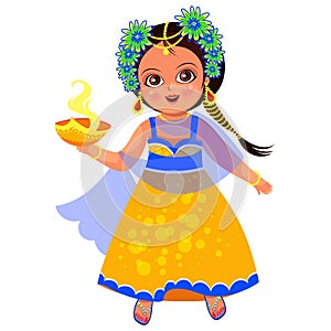 Diwali holiday and little girl with flame bowl