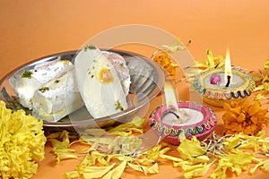 Diwali lamps and sweets