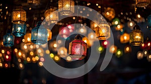 Diwali lights, with a canopy of colorful lanterns hanging overhead, AI generated